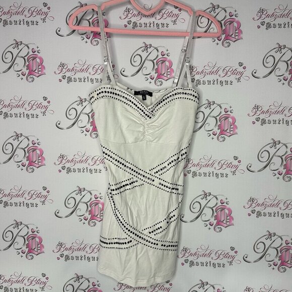 blackarv Tops - BLACKARV tank top White tank studded Accents shiny tattoo writing on back